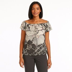 White House Black Market Women’s M Off Shoulder Silk Blouse Floral Metallic